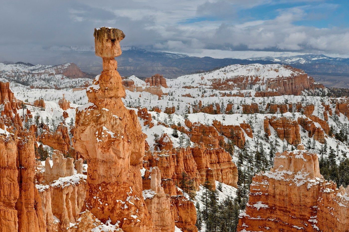 Fresh snow on Thor's Hammer and the red hoodoos of Bryce Canyon in winter