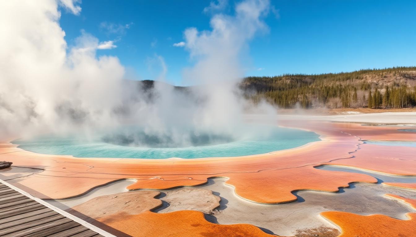 Steam rising off Grand Prismatic Spring in cold autumn air, Yellowstone National Park