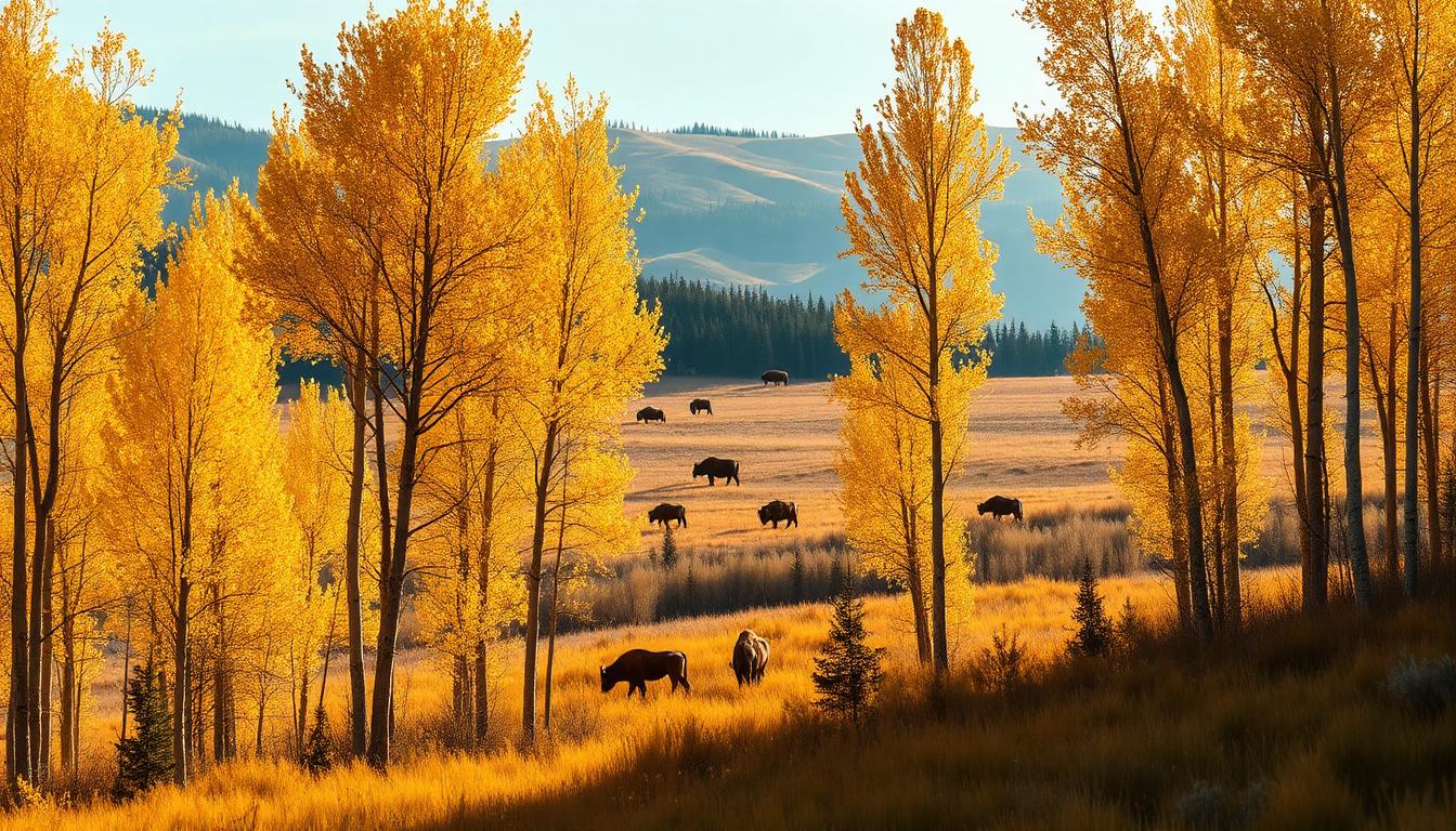 Golden aspens and grazing bison in Lamar Valley on an autumn morning