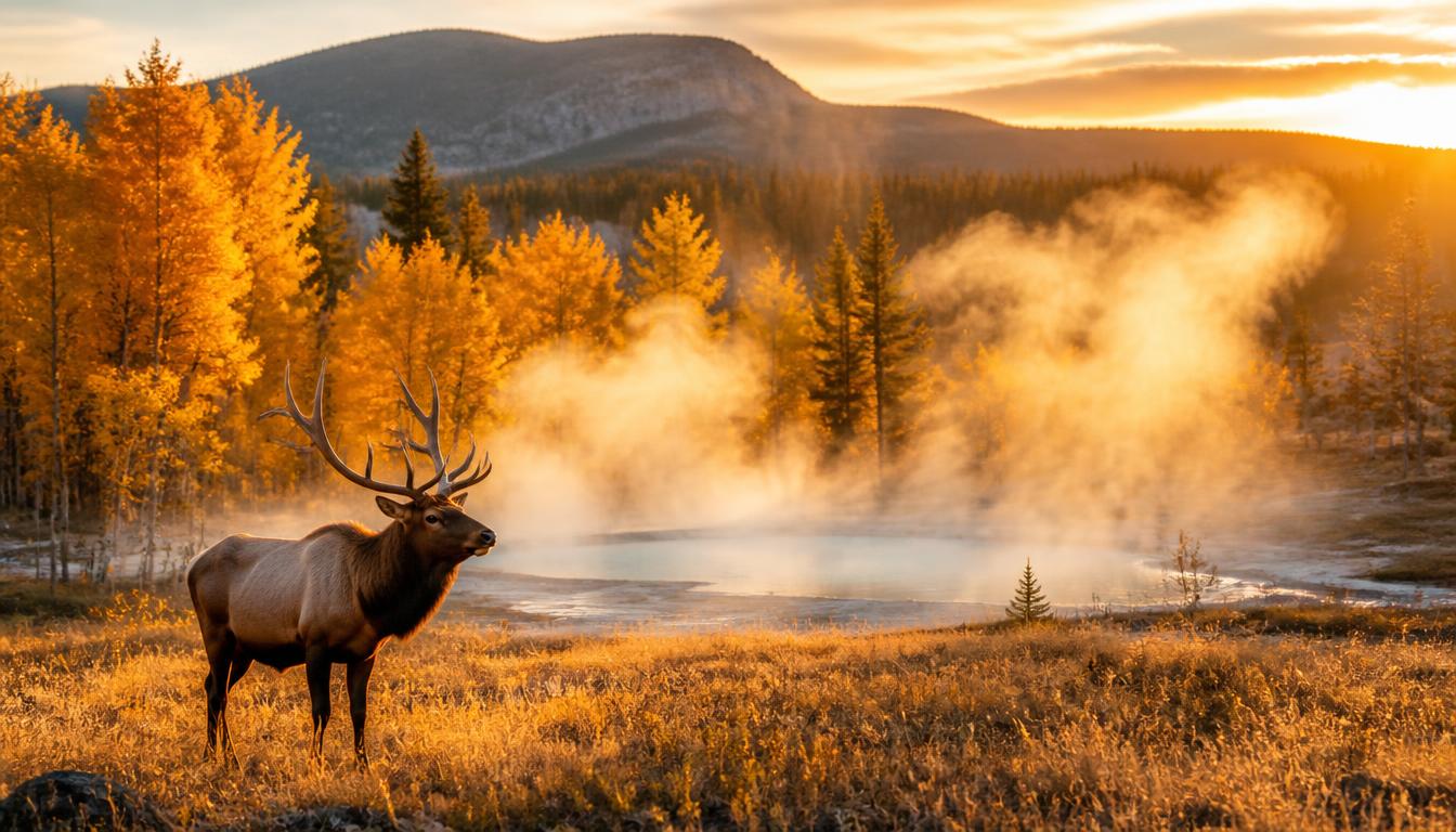 Golden aspens and geothermal steam rising at Yellowstone in early autumn